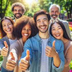 a group of happy people giving a thumbs up